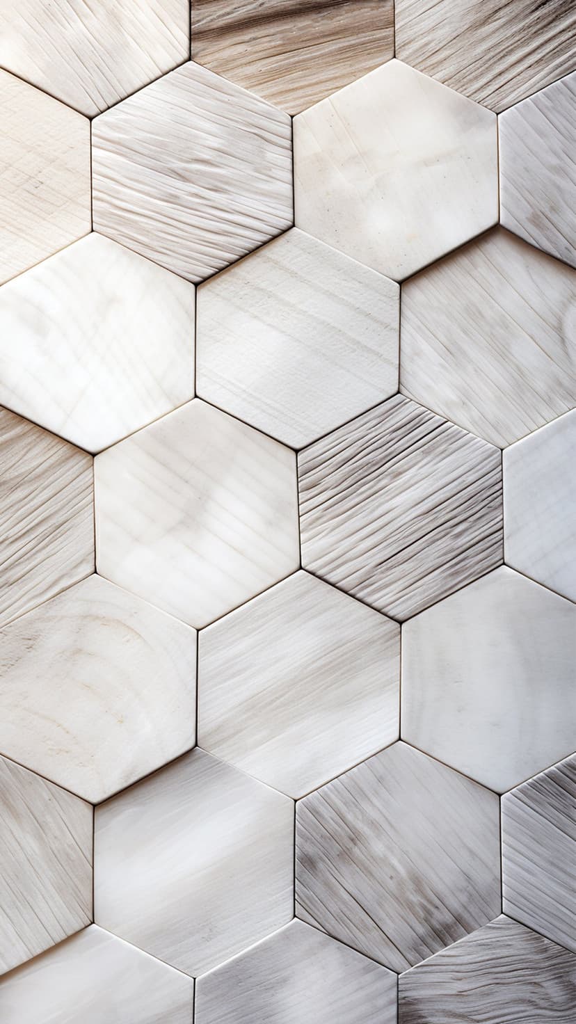 Hexagonal tiles with realistic brown and tan wood grain textures arranged in a seamless geometric mosaic wall.