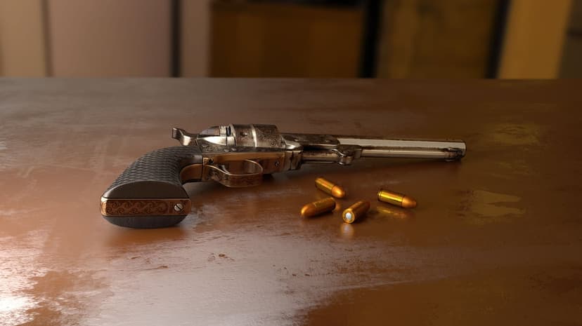 Classic steel revolver with a wooden grip lying next to scattered brass bullets on a dark polished timber table.