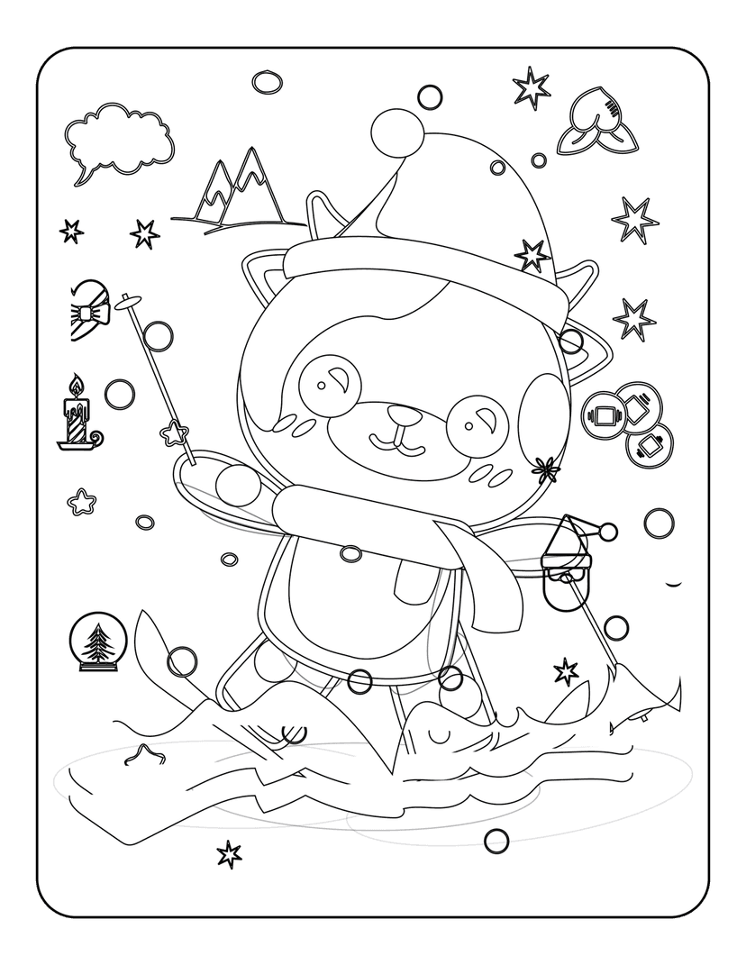 Cat coloring page featuring a kitten in a Santa hat next to a snow globe with a tree and falling snowflakes.