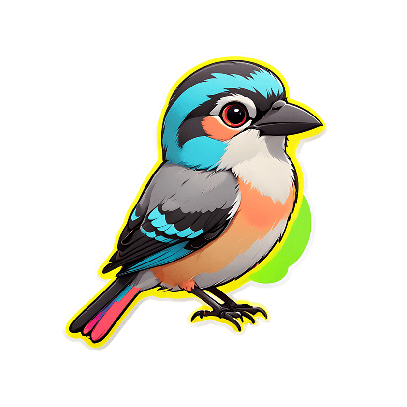 Turquoise bird sticker illustration in profile with a glossy finish, red eyes, and a thick yellow border.