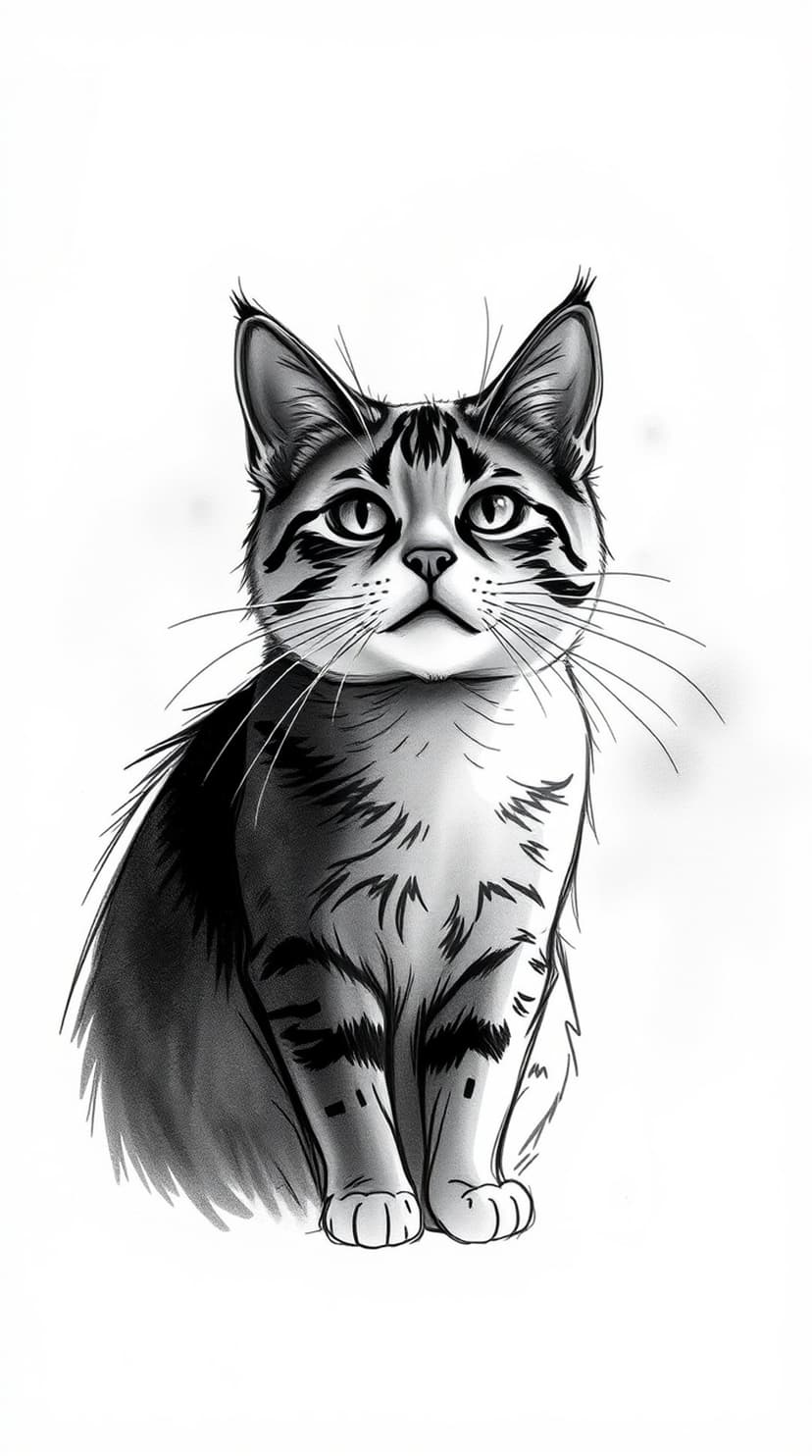 Tabby cat sits upright with pointed ears and striped fur patterns, focusing its expressive gaze directly forward.