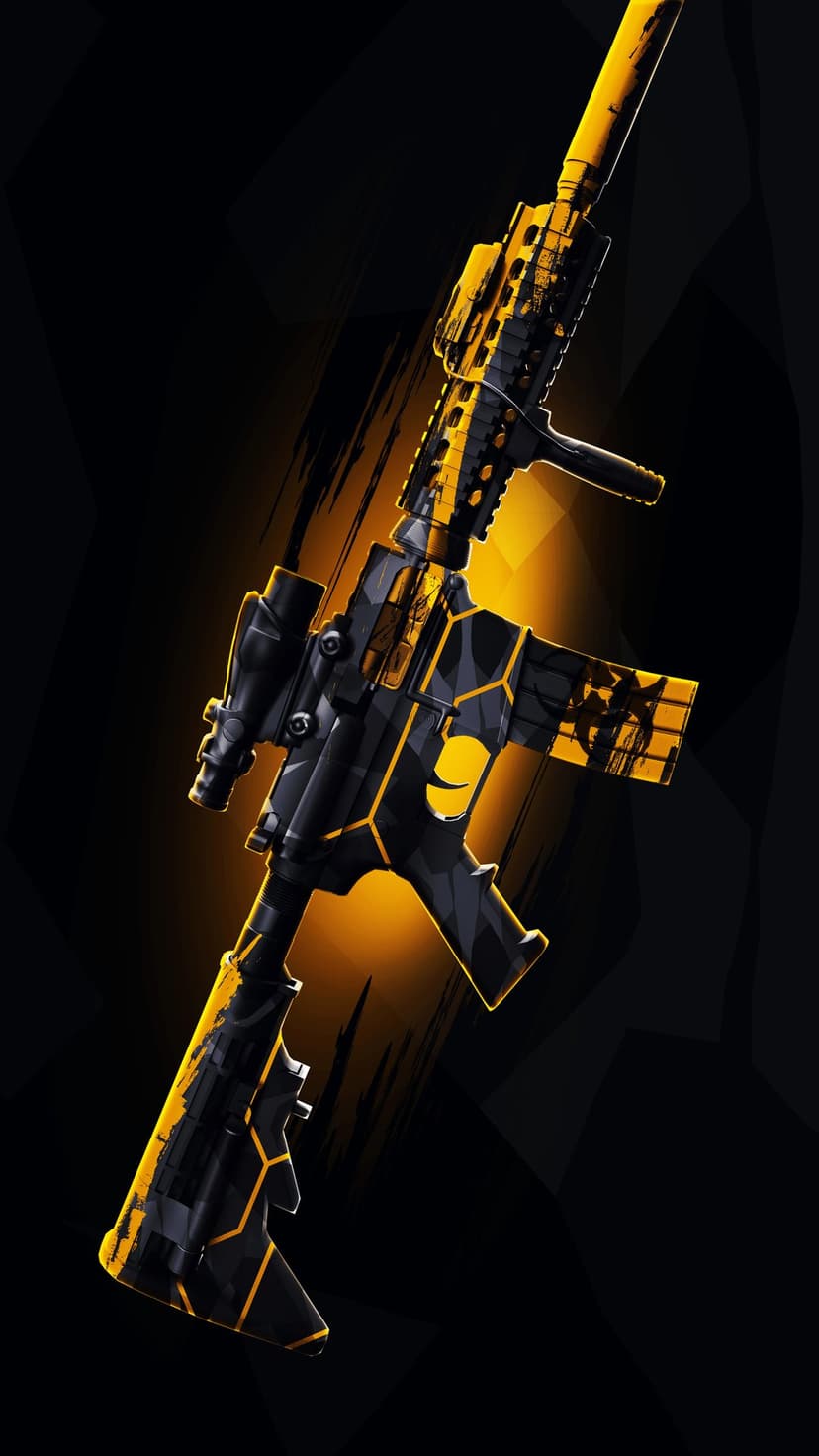 AR-15 rifle with yellow honeycomb patterns glows under amber light against a dark, shadowy backdrop.