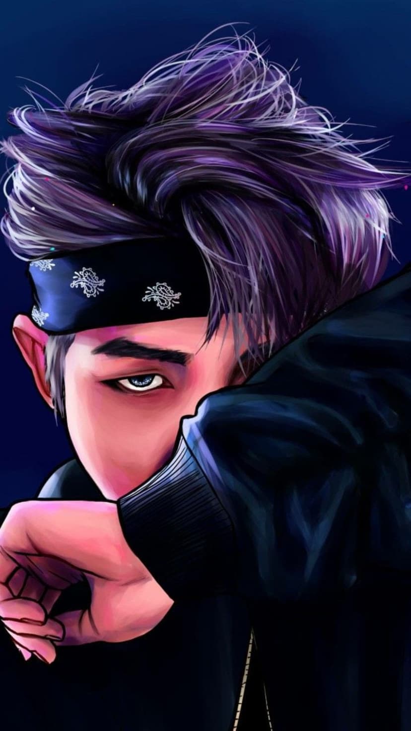 Purple-haired anime guy with a black bandana and blue eyes poses against a dark backdrop for a mobile display.