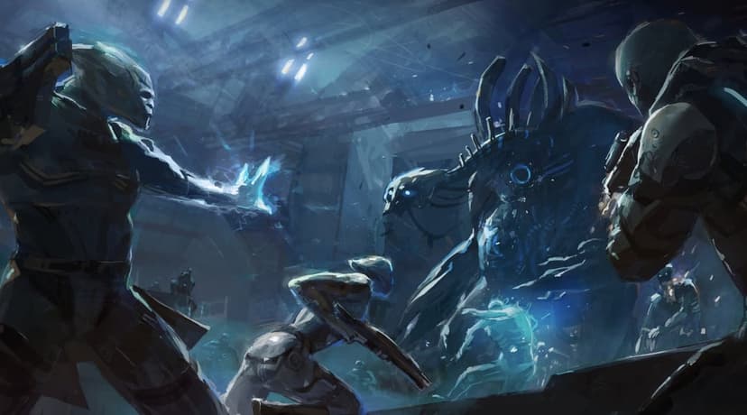 Armored soldiers use energy powers and weapons to fight a giant mechanical beast in a dark blue futuristic bay.
