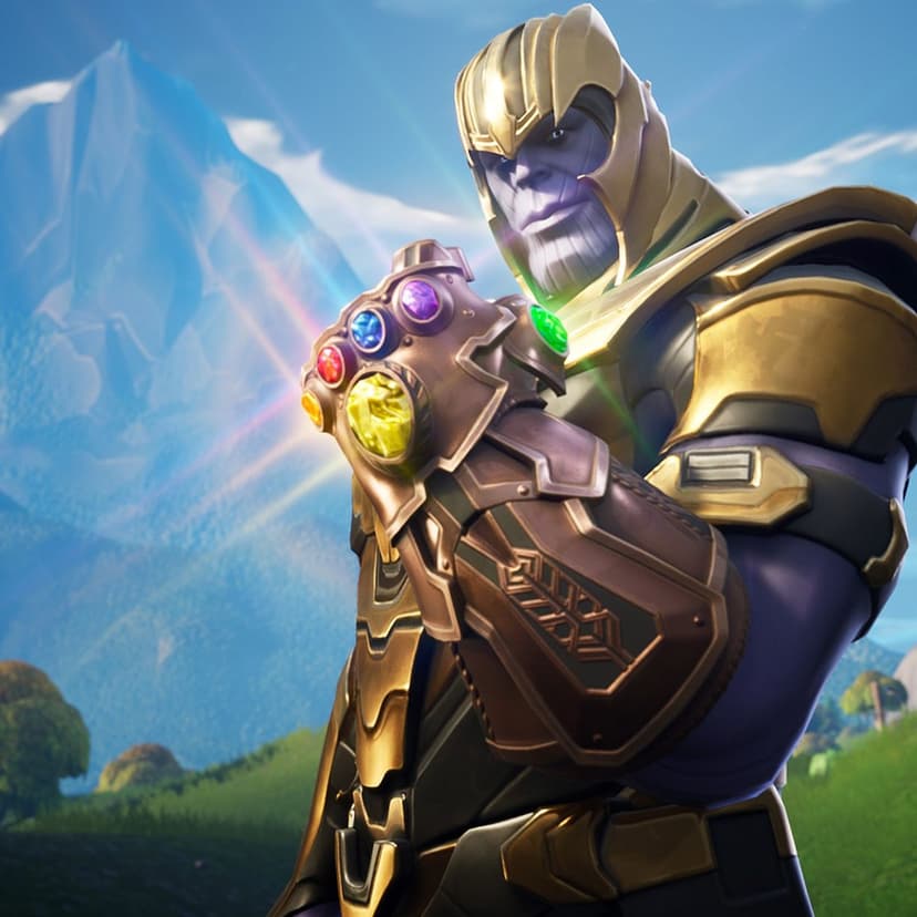 Thanos in golden armor raises the Infinity Gauntlet with glowing stones against a mountain landscape background.
