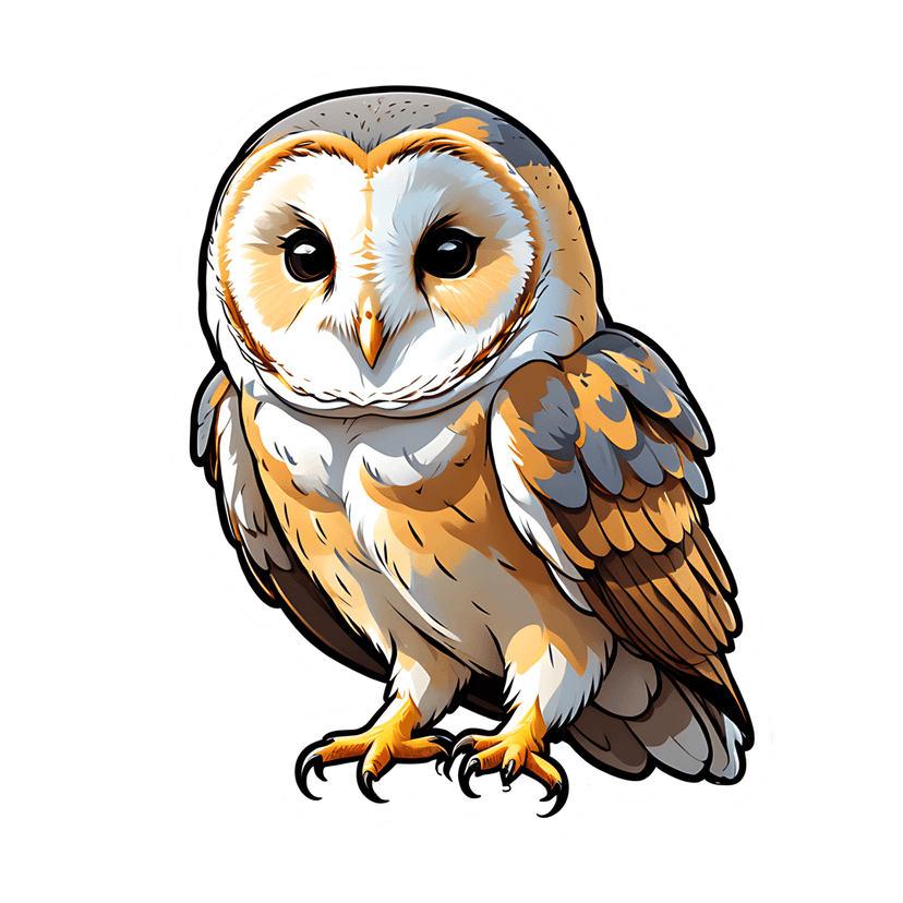Barn owl sticker illustration with a heart shaped face, brown feathers, and gradient shading on black background.