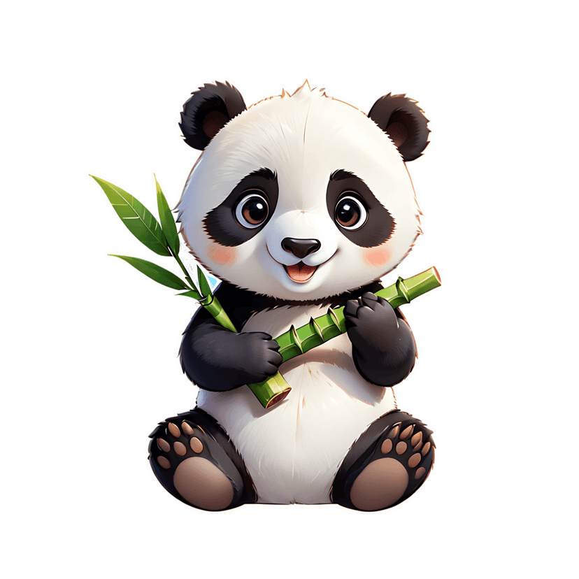 Panda sticker illustration with black and white fur holding green bamboo leaves against a clear background.