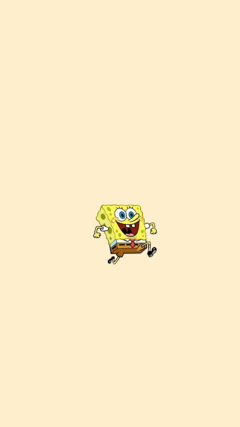 SpongeBob SquarePants dashes with wide eyes against a smooth cream background for a vertical mobile layout.
