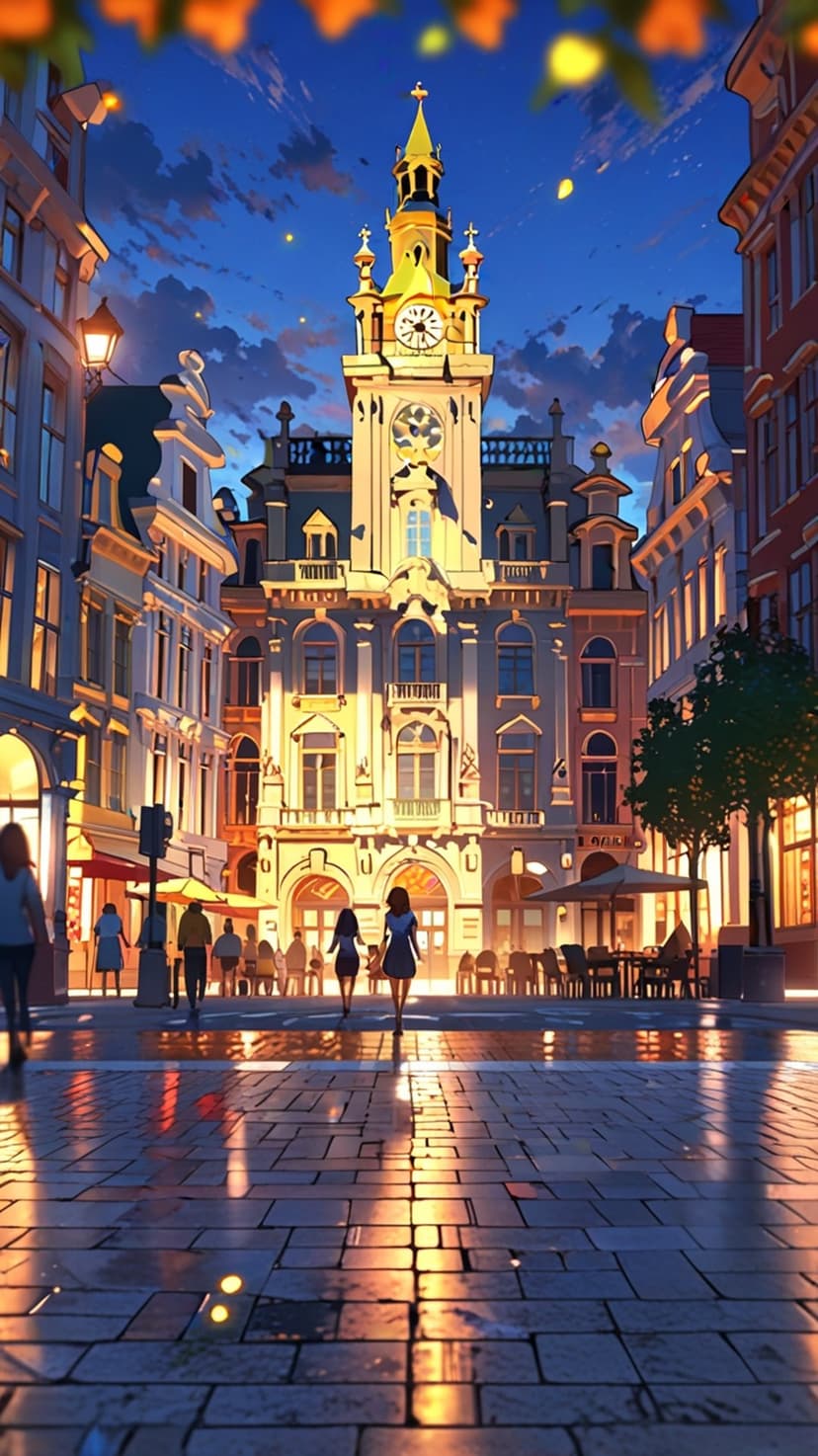 Grand clock tower overlooks a wet cobblestone street at dusk with pedestrians near glowing shopfront windows.