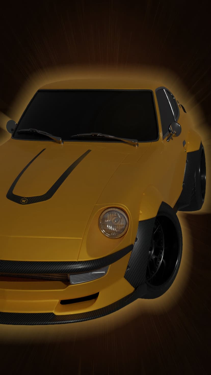 Yellow vintage coupe with carbon fiber body kit and glowing contours captured from a low-angle perspective.