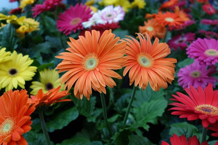 Bright Gerbera daisies in pink, orange, and yellow hues bloom closely together with detailed petals and centers.