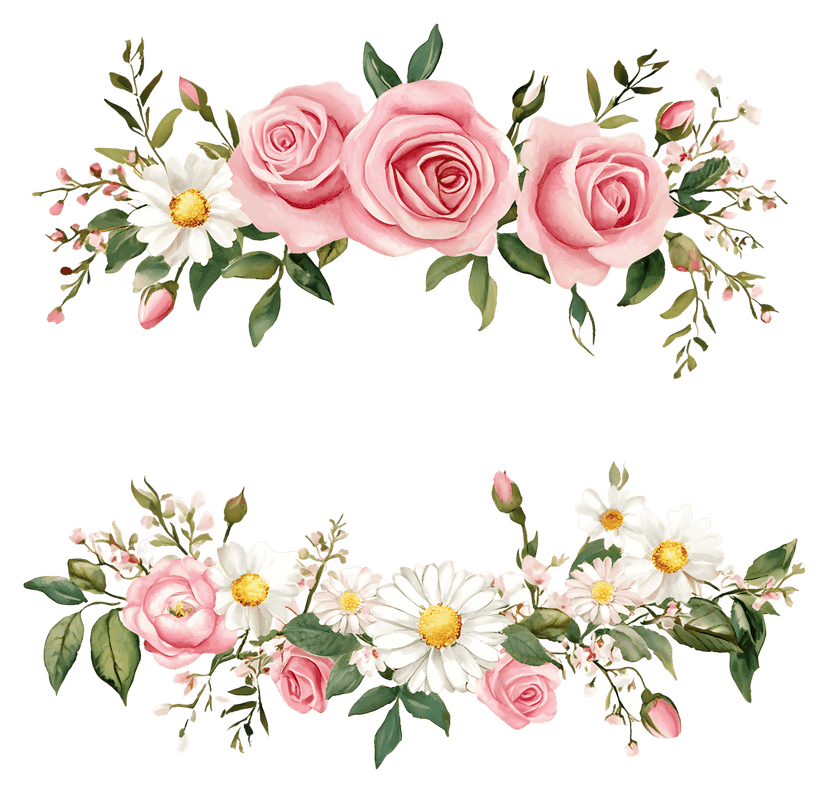 Pink rose white daisy garland with green leaves and realistic watercolor petals on a transparent background.
