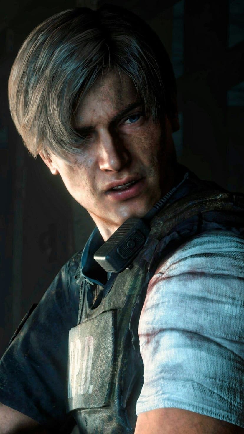 Leon S. Kennedy with a dirty face and blue eyes wearing an R.P.D. tactical vest and blood-stained arm bandages.