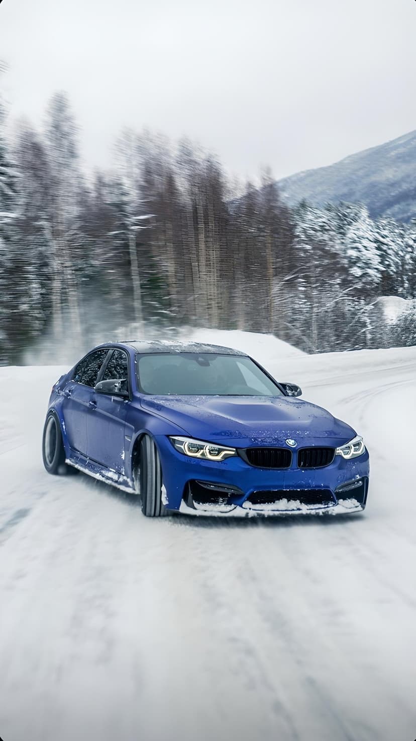 Blue BMW M4 drifts across a snow-covered mountain road with glowing headlights and frozen pine trees behind it.