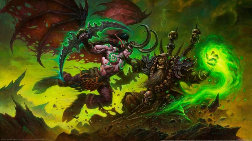 Illidan Stormrage with warglaives lunges at Gul'dan who channels green fel magic in an epic fantasy landscape.