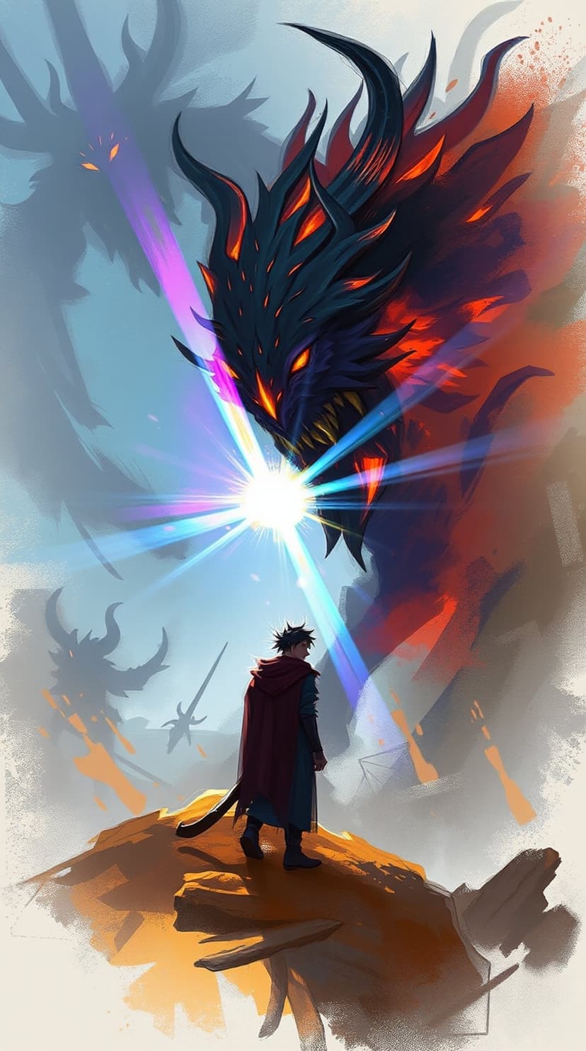 Knight in a red cape stands before a giant dragon with glowing eyes and sparks of fire during a dark battle.