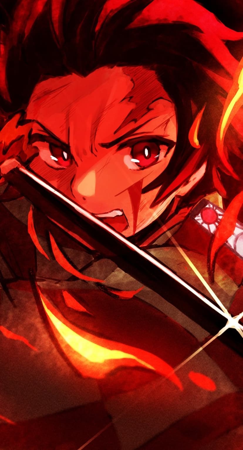 Anime warrior with glowing red eyes and spiky hair holds a katana engulfed in swirling orange fire and embers.