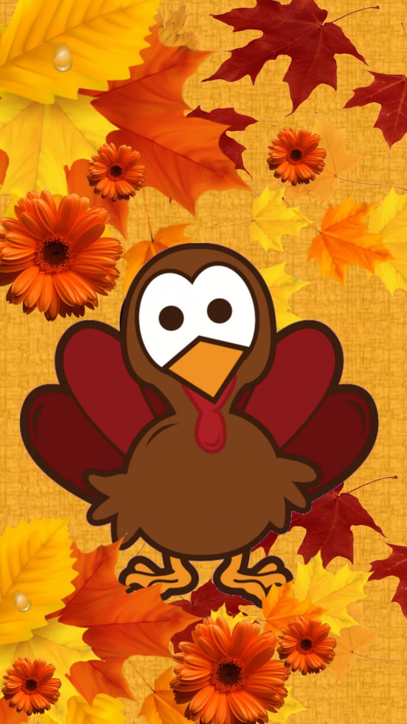 Cartoon turkey with big eyes surrounded by orange gerbera daisies and scattered red autumn maple leaves.