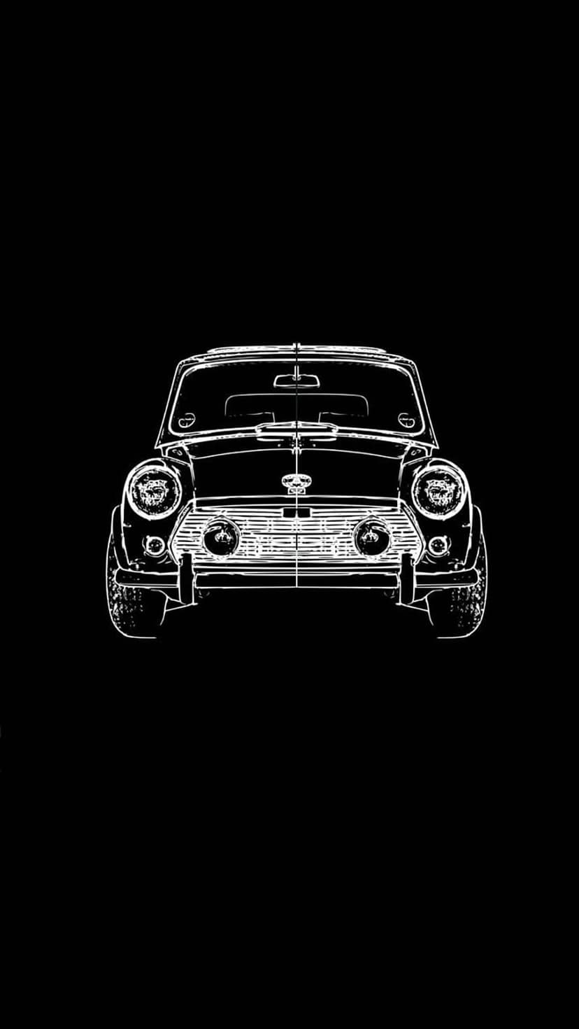 Classic Mini Cooper car outline rendered in white against a solid black background for vertical mobile displays.