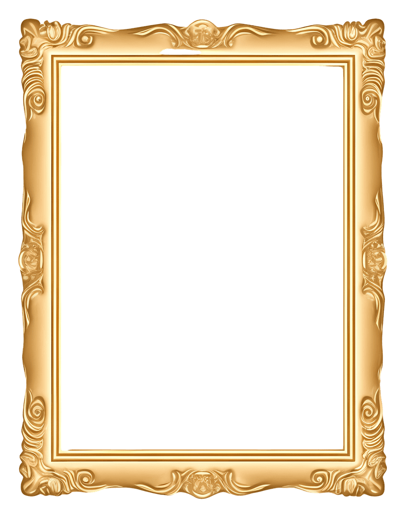 Intricate golden ornate frame displays layered baroque filigree patterns and polished metallic 3D textures.