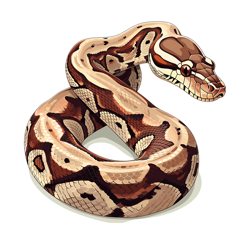 Ball python digital illustration featuring realistic brown scales and coiled serpent body on black background.