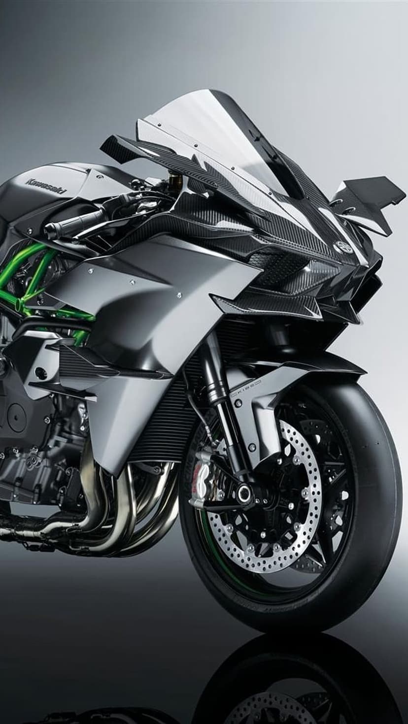Kawasaki Ninja H2R hyperbike featuring carbon fiber fairings and aerodynamic winglets in a front-view portrait.