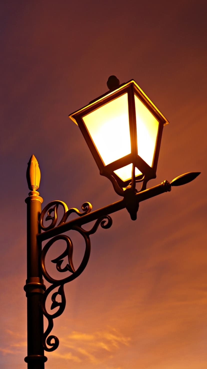 Ornate wrought iron street lamp glows with warm light against a gradient sky of purple and orange clouds at dusk.