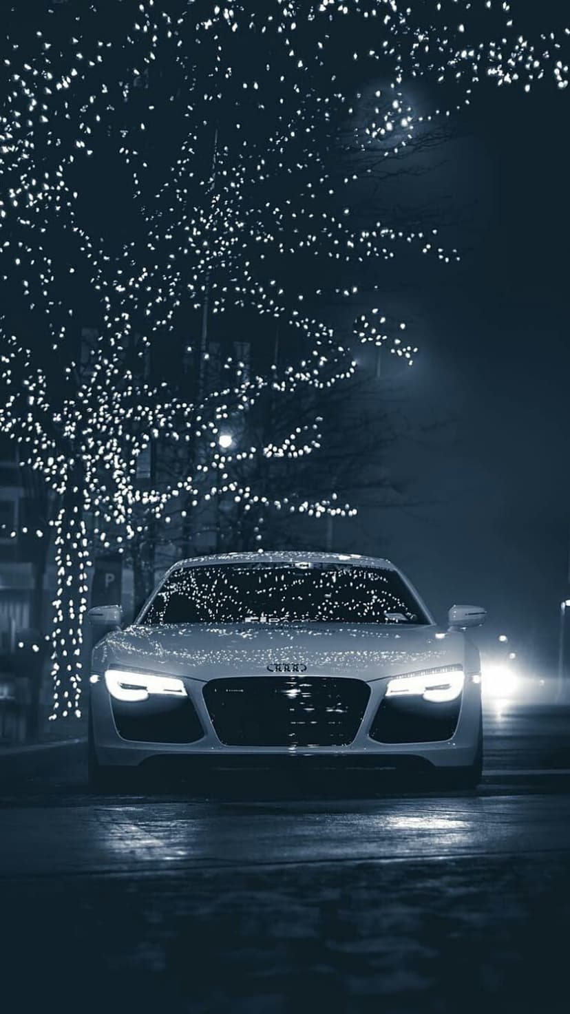 Audi R8 supercar parked on wet pavement at night under a tree wrapped in glowing white string lights.