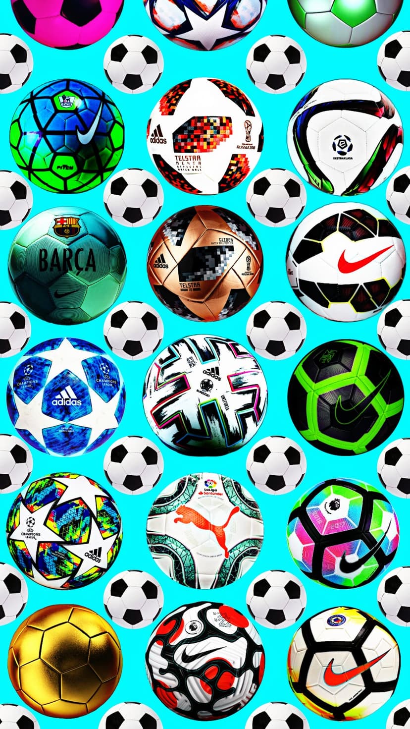 Multiple soccer balls in various colors and patterns are tightly clustered against a solid blue background.