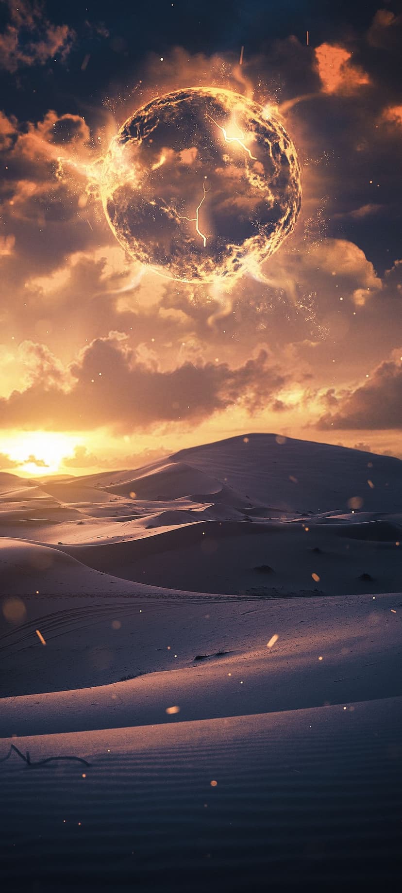Glowing orb of orange fire and lightning hovers above rippling desert sand dunes under a sunset sky.