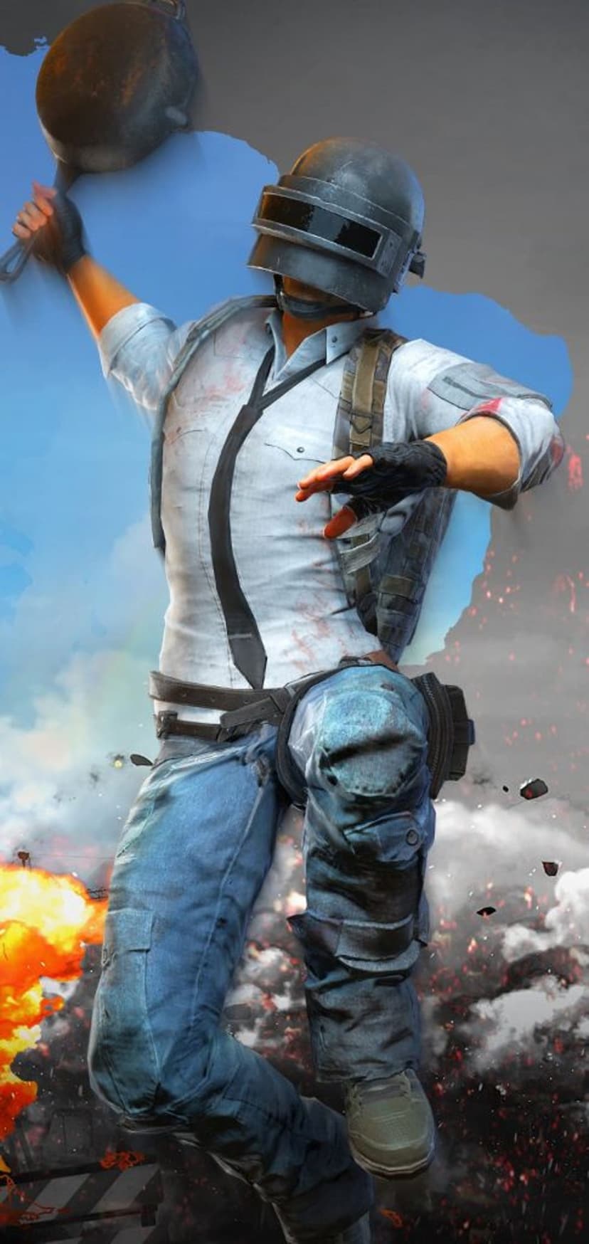 PUBG soldier in a level three helmet holds a frying pan while fiery explosions and debris erupt in the background.