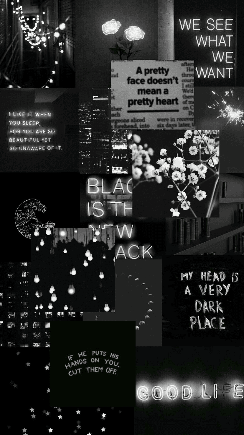 Glowing pink neon text overlays a monochromatic collage of city streets, blooming flowers, and starry night skies.