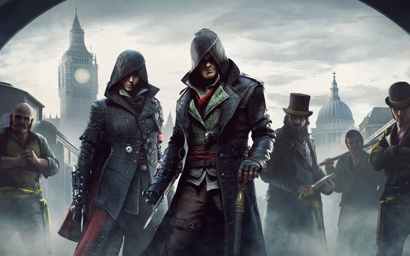 Jacob and Evie Frye with their gang in foggy Victorian London featuring Big Ben and St. Paul's Cathedral.