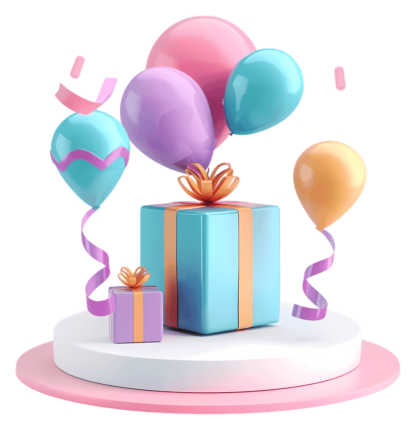 Gift box balloon set featuring colorful wrapped presents and glossy round balloons isolated on a clear background.