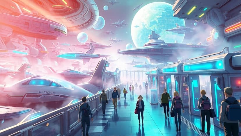 Radiant celestial planet towers over a neon city skyline filled with sleek flying craft and tall skyscrapers.