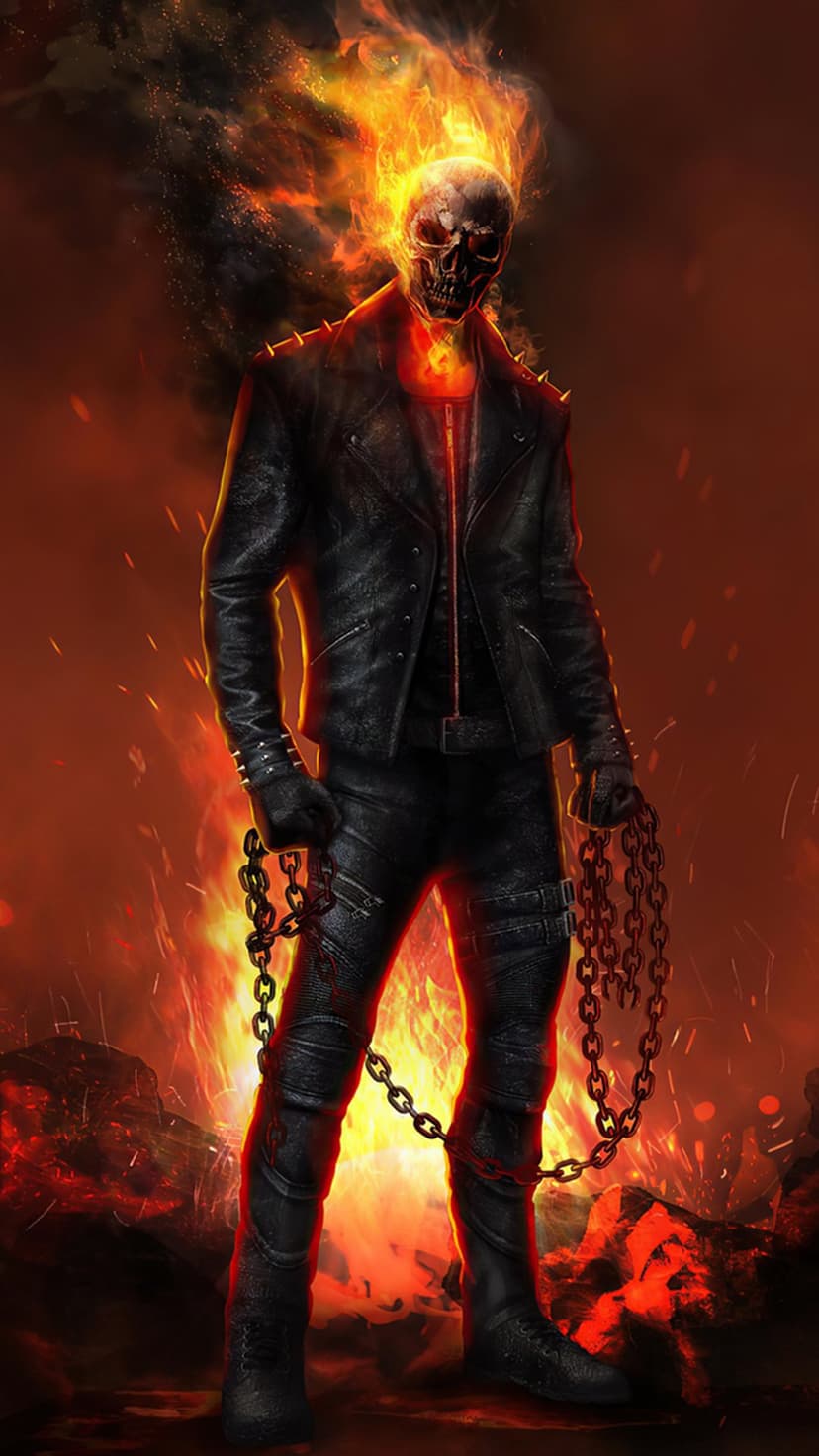Ghost Rider with a flaming skull and studded leather jacket holds glowing metal chains in a fiery orange inferno.