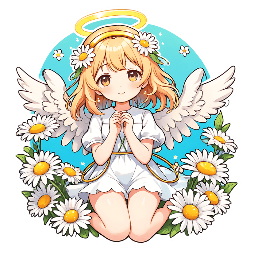 Chibi angel sticker kneeling among white daisies on a light blue background with a thick white border outline.