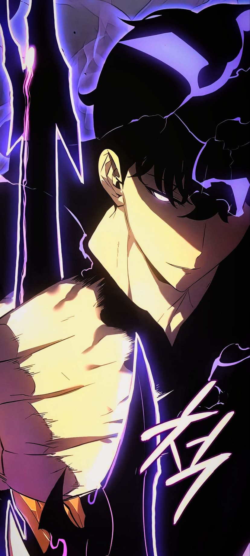 Sung Jin Woo exudes purple energy with a piercing stare against a dark background of swirling shadows.