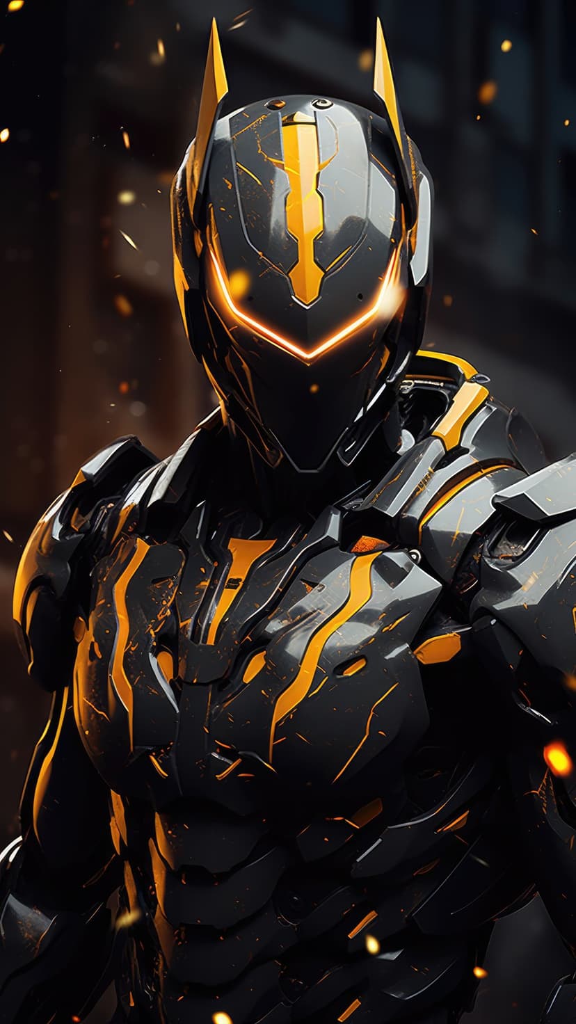 Black robotic armor features segmented plating and glowing orange highlights along the torso and helmet joints.