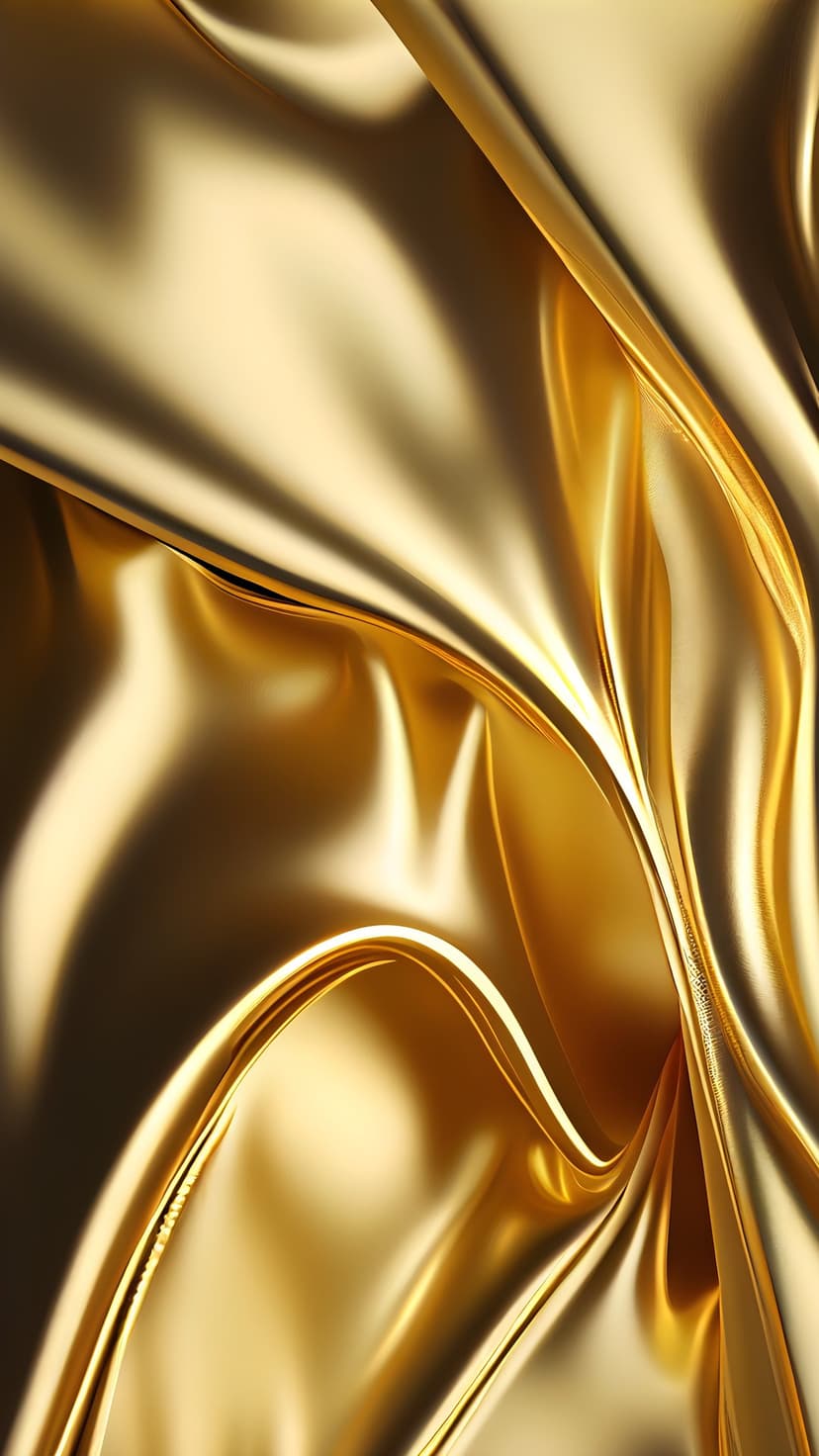 Golden silk fabric flows in dramatic waves with high-contrast shadows and shimmering metallic highlights.