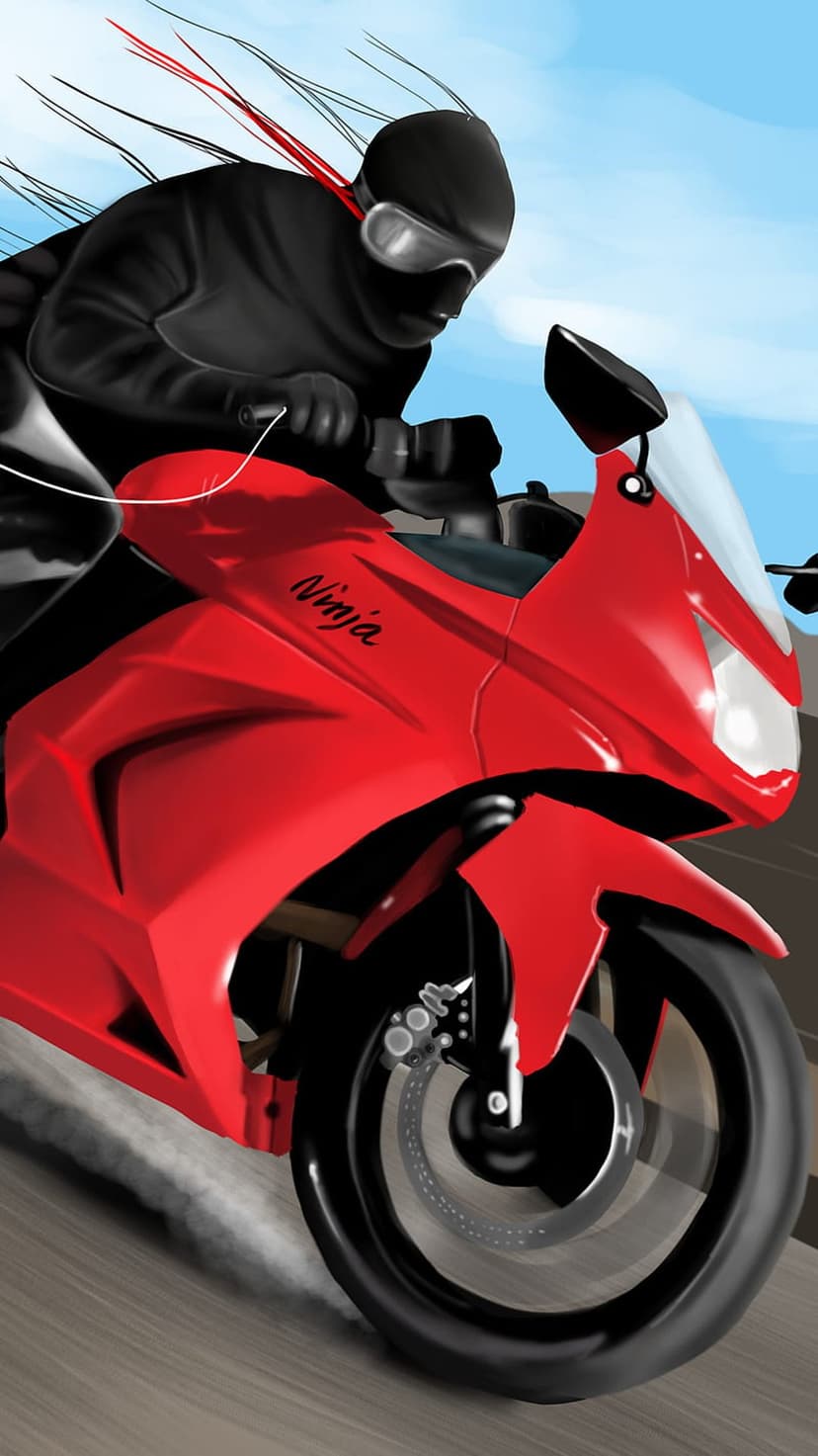 Masked motorcyclist on a red sportbike leans low during a high-speed turn on an asphalt road with motion blur.