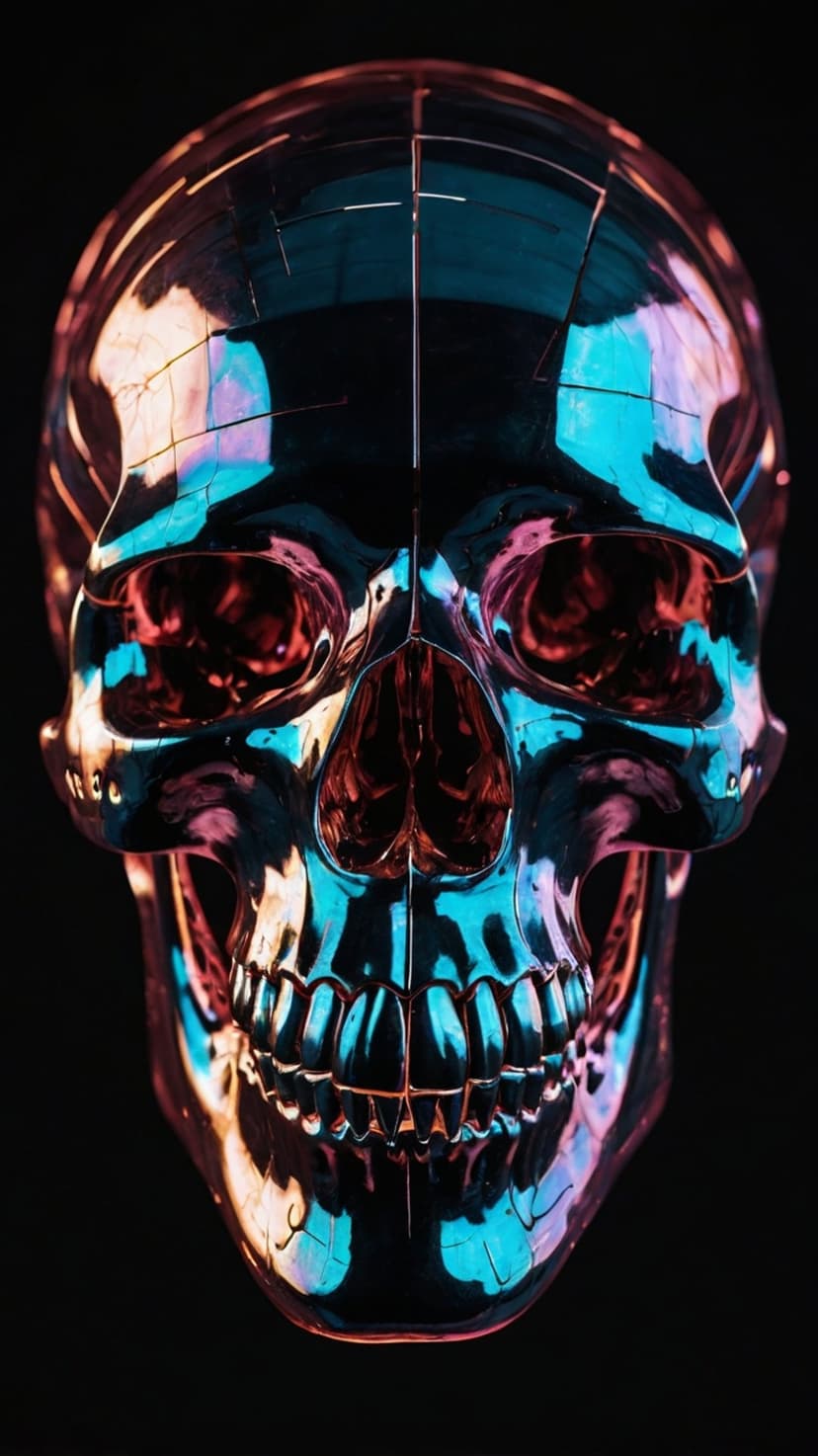 Chrome skull with blue and pink neon reflections and visible surface cracks against a dark black background.