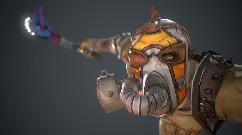 Close-up of a masked Psycho character from Borderlands holding a glowing weapon in a cel-shaded art style.