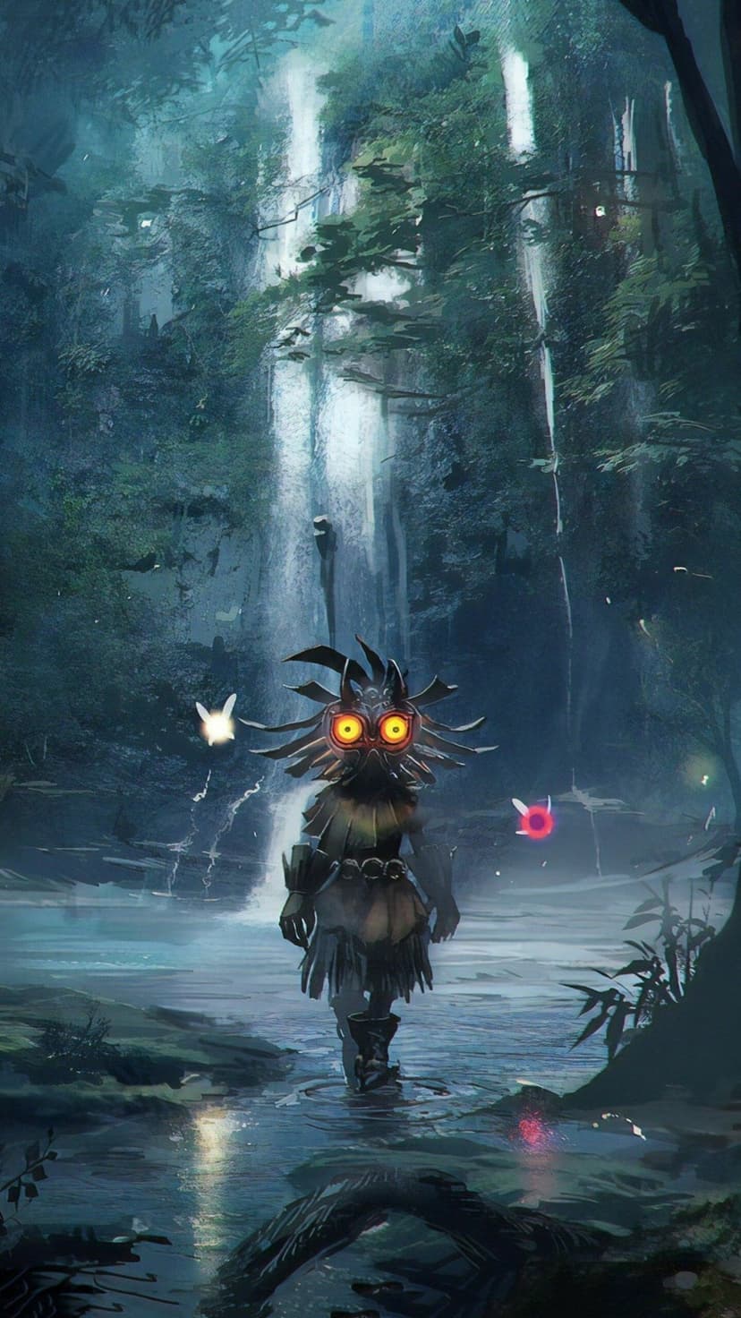 Skull Kid wearing Majora's Mask with glowing eyes stands in a misty forest with waterfalls and fairies.