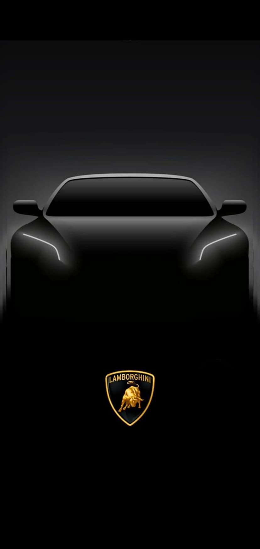 Gold Lamborghini bull crest centered below a shadowed car silhouette with glowing white headlights on black.