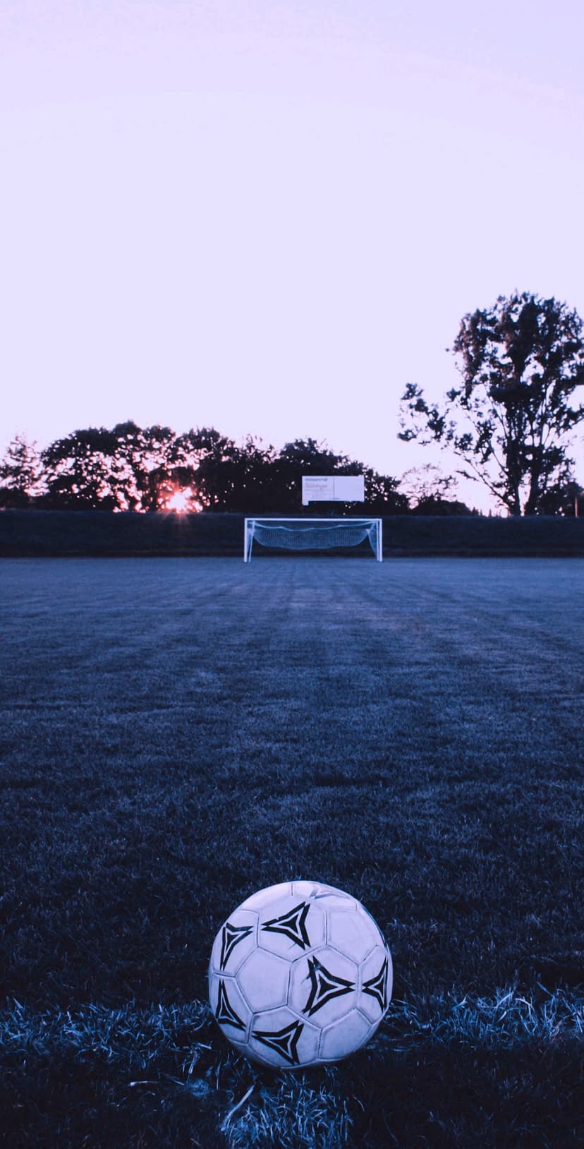 Soccer ball rests on green grass during a purple sunset with a white goal and silhouetted trees in the distance.