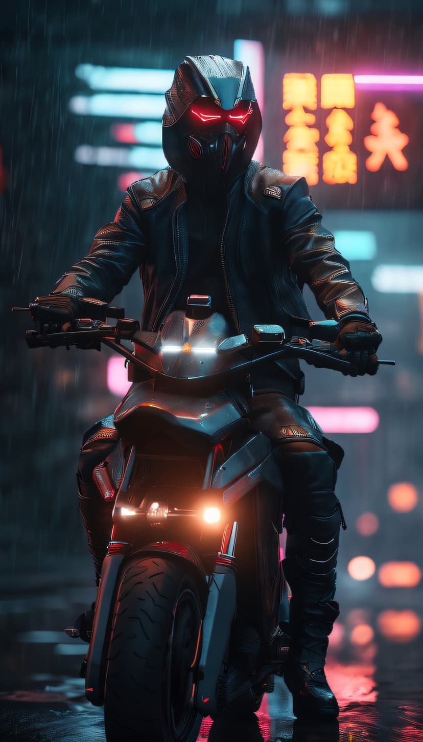 Cyberpunk rider with glowing red helmet eyes sitting on a futuristic motorcycle amidst rainy neon city lights.