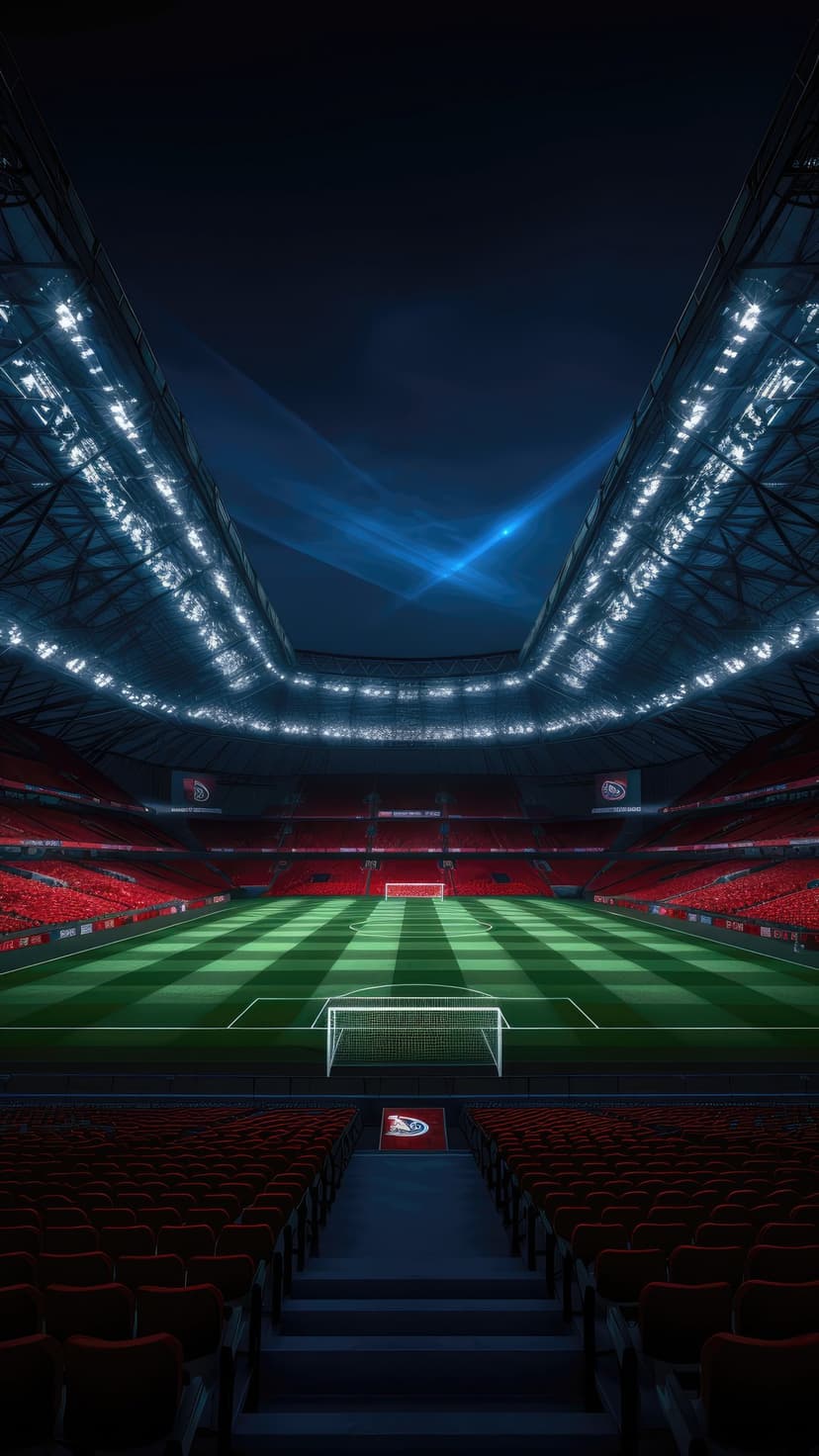 Empty soccer stadium with bright floodlights, green grass, and red seating under a dark blue nighttime sky.