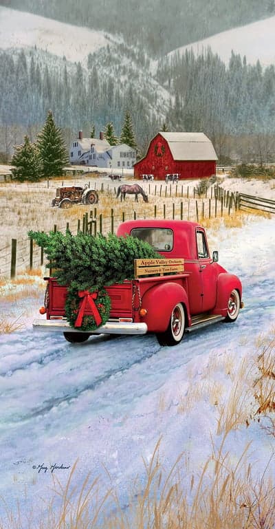 Red Truck Delivering Christmas Tree in Snowy Landscape