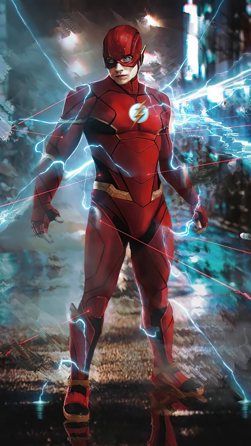 The Flash sprints through a blurred city while vibrant blue lightning bolts crackle around his crimson red suit.